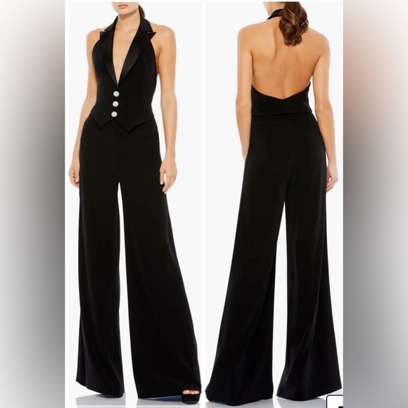 NWOT Mac Duggal Black Tuxedo black Halter wide leg Jumpsuit Size 2 - Picture 1 of 7